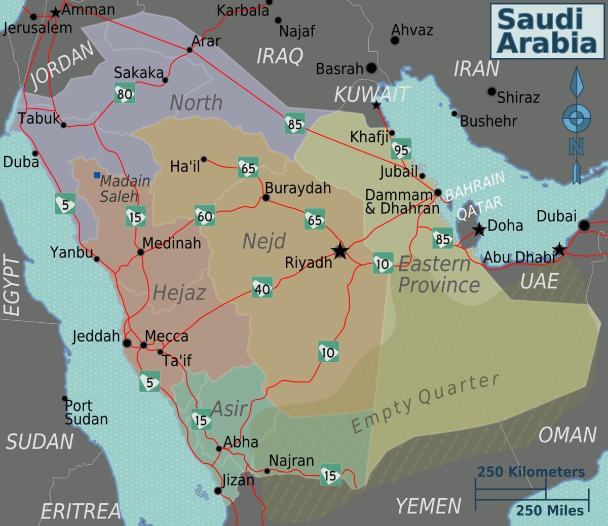 Žemėlapis Saudo Arabija su miestų atstumas