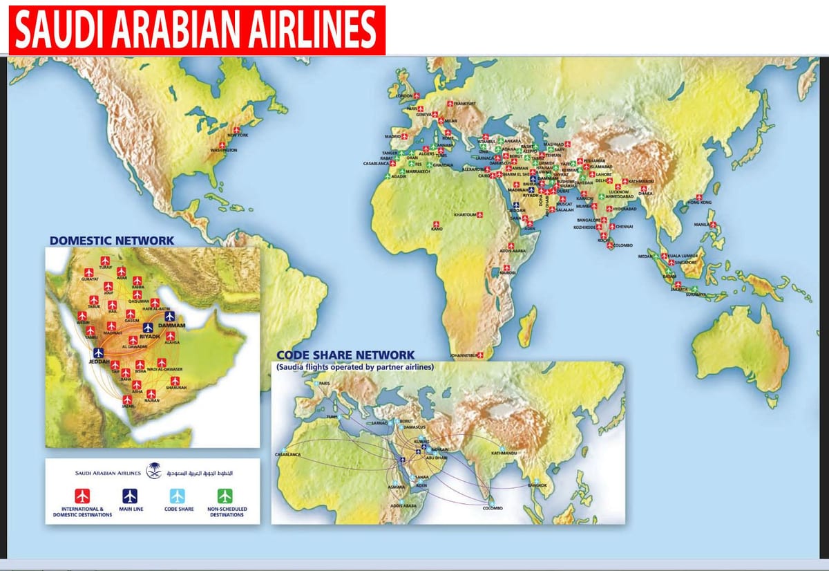 Žemėlapis Saudi Arabian airlines maršrutų